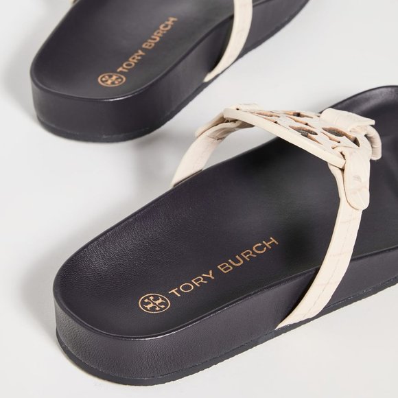 Tory Burch CROC EMBOSSED Miller Cloud Leather Thong Slides New Ivory Cream Navy - Picture 3 of 7